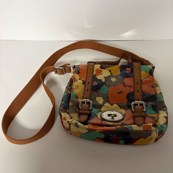 Fossil Multicolor Floral Coated Canvas Crossbody Bag Purse Top Handle and Strap - Picture 1 of 7